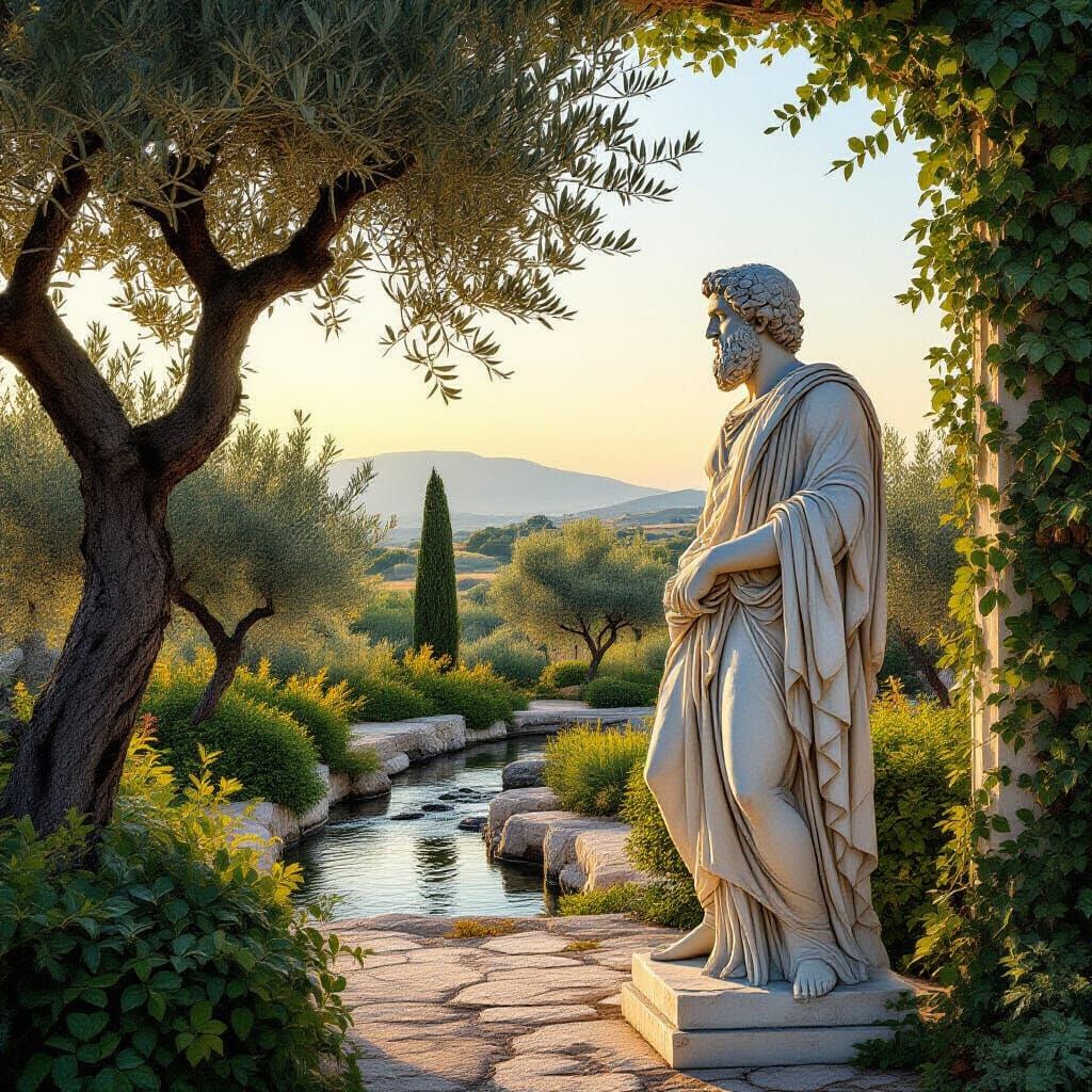 Socrates Statue in Dawn Light, Impressionistic Style