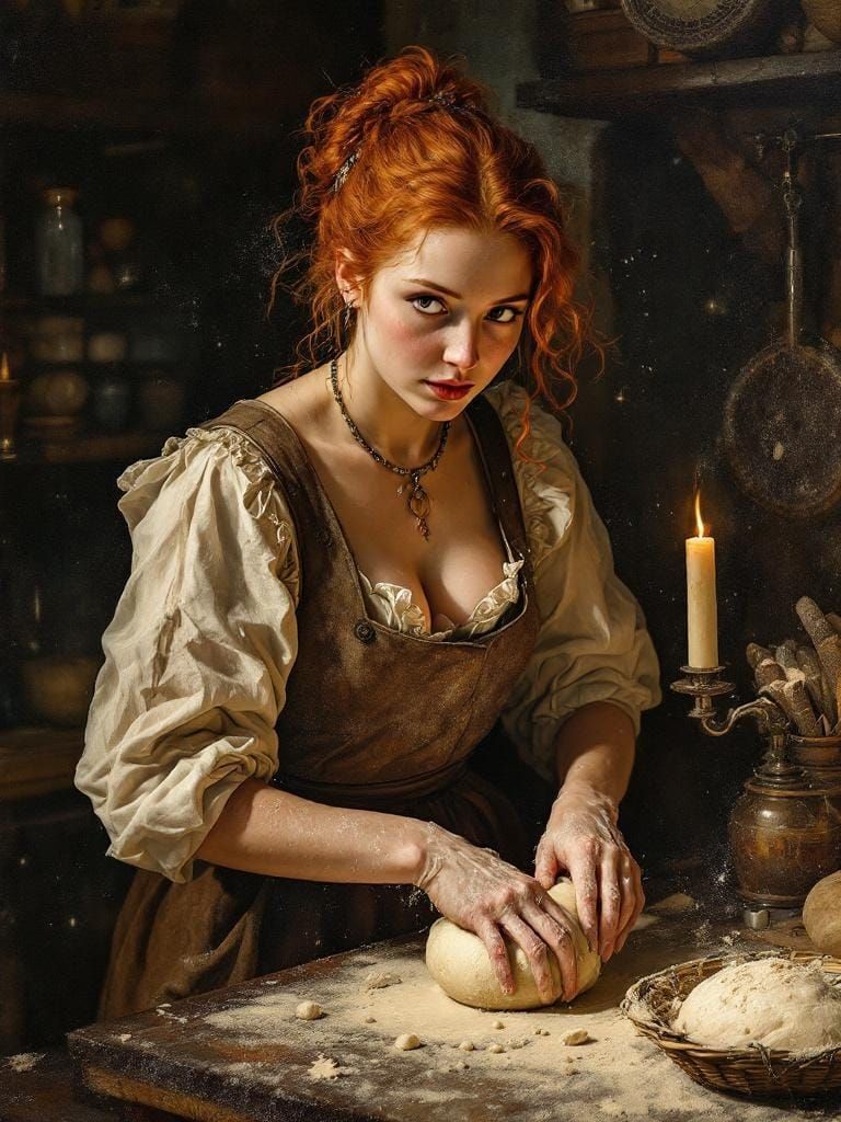 Redhead Baker in Kitchen with Magical Realism