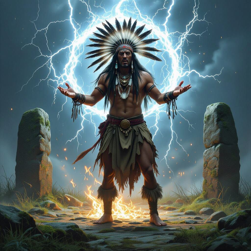 Tribal Shaman Chants Amidst Lightning and Mystical Energy
