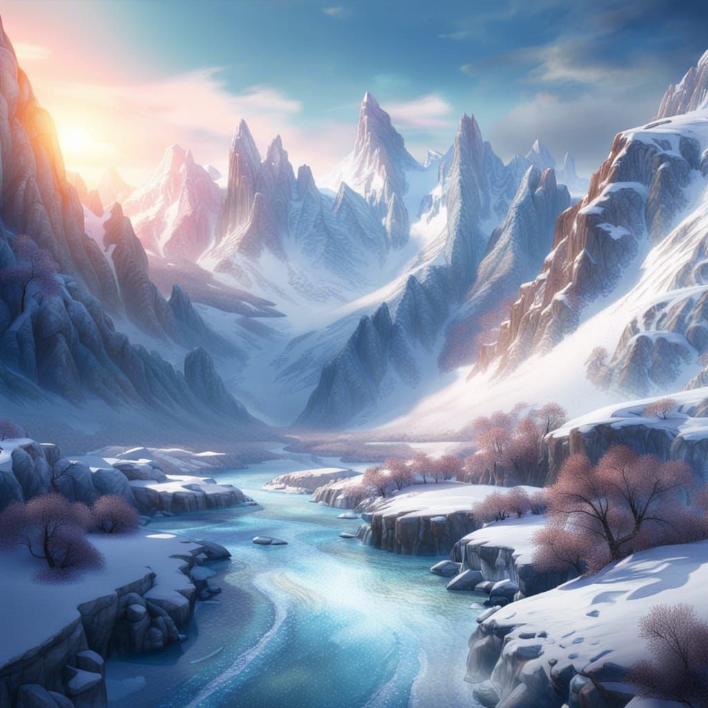 Snowy Mountains and Icy River in Watercolor Style