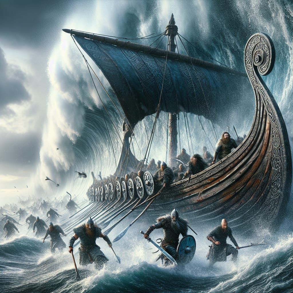 Viking Warriors Face Tsunami in Hyperrealistic Warship