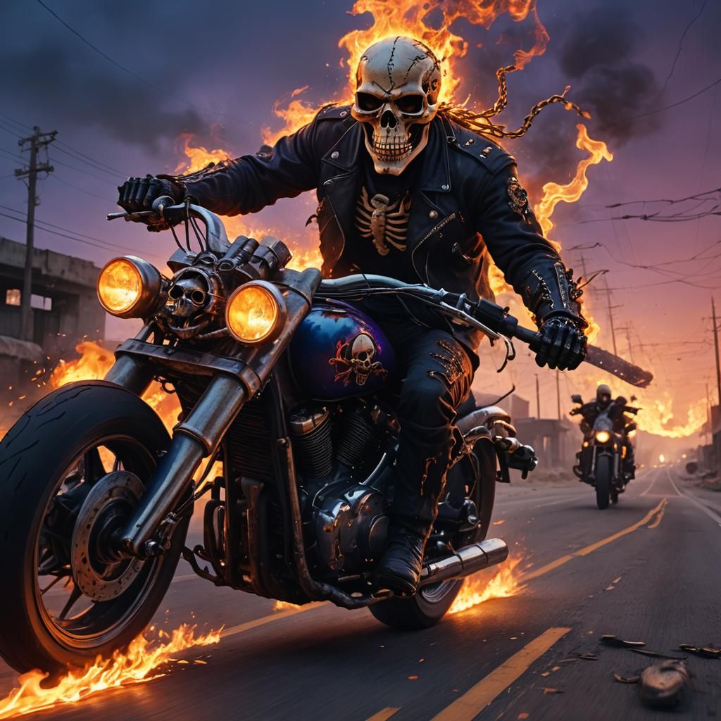 Flaming Skull Skeleton Rides Motorcycle on Abandoned Highway