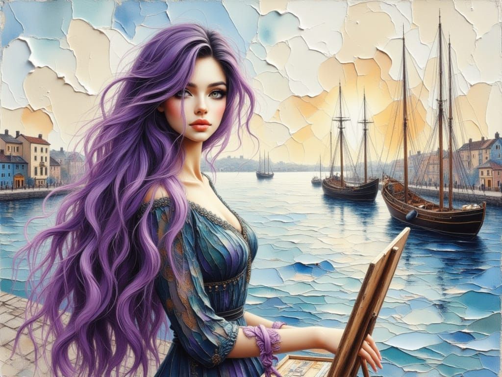 Artist Paints Seascape on Quayside in Watercolor Style