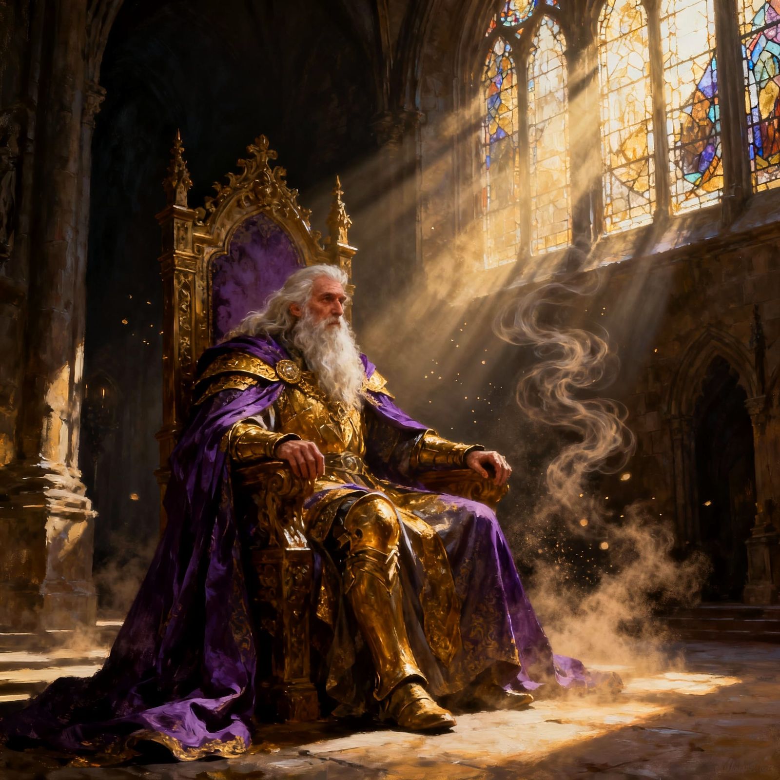 Majestic Old Wizard King on Throne in Medieval Hall