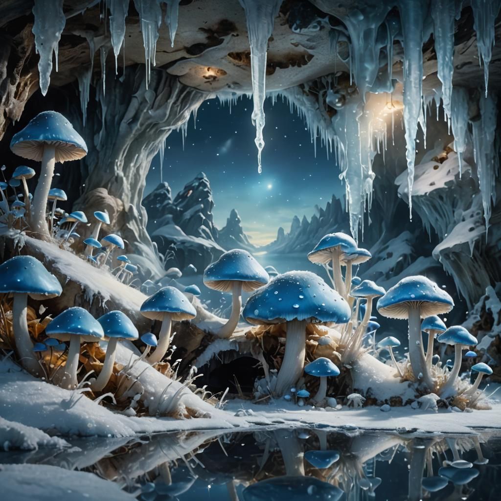 Luminescent Mushrooms in Icy Cave: Fantasy Realism