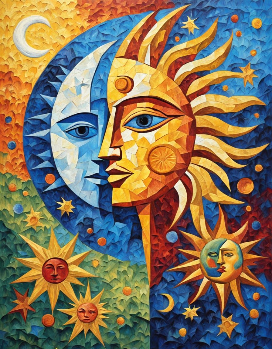 Cubist Impasto: Sun and Moon in Harmony