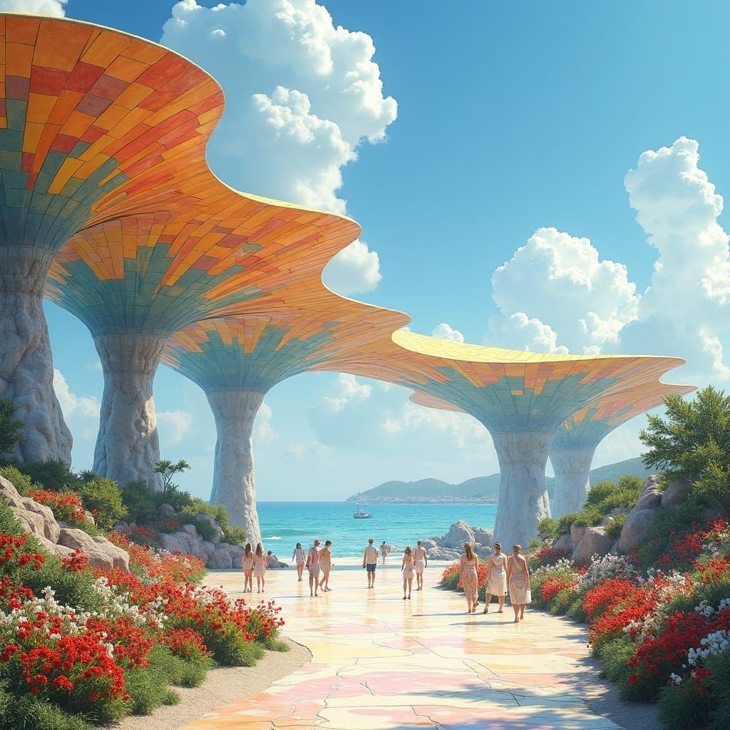 Futuristic Ceramic Canopy on Sunny Seaside in 3D