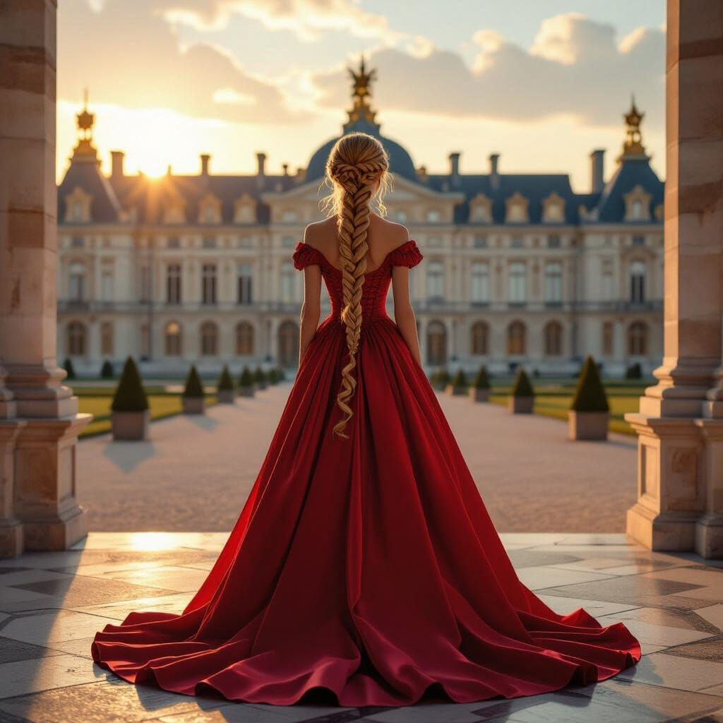 Royal Palace Grandeur: Woman in Scarlet Gown