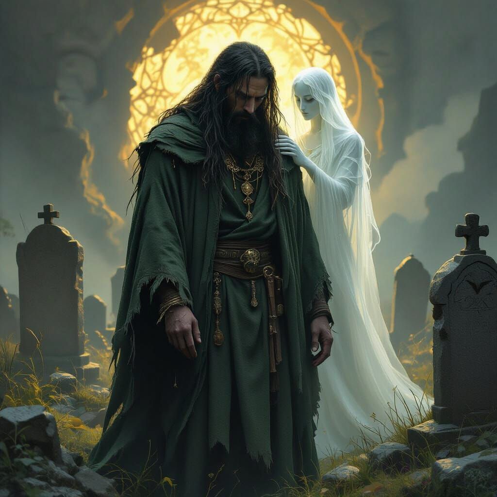 Celtic Druid in Misty Graveyard with Ethereal Figure