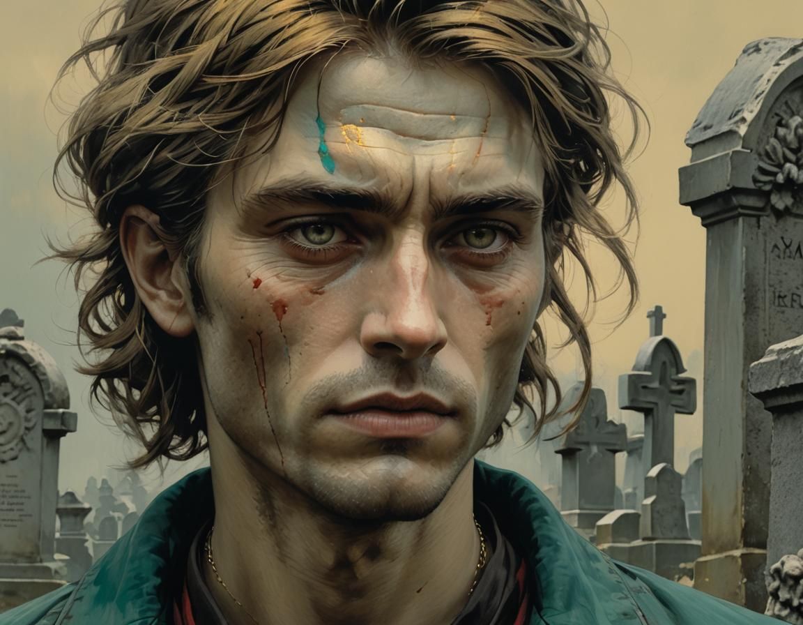 Detailed Portrait of Suffering Face in Cemetery