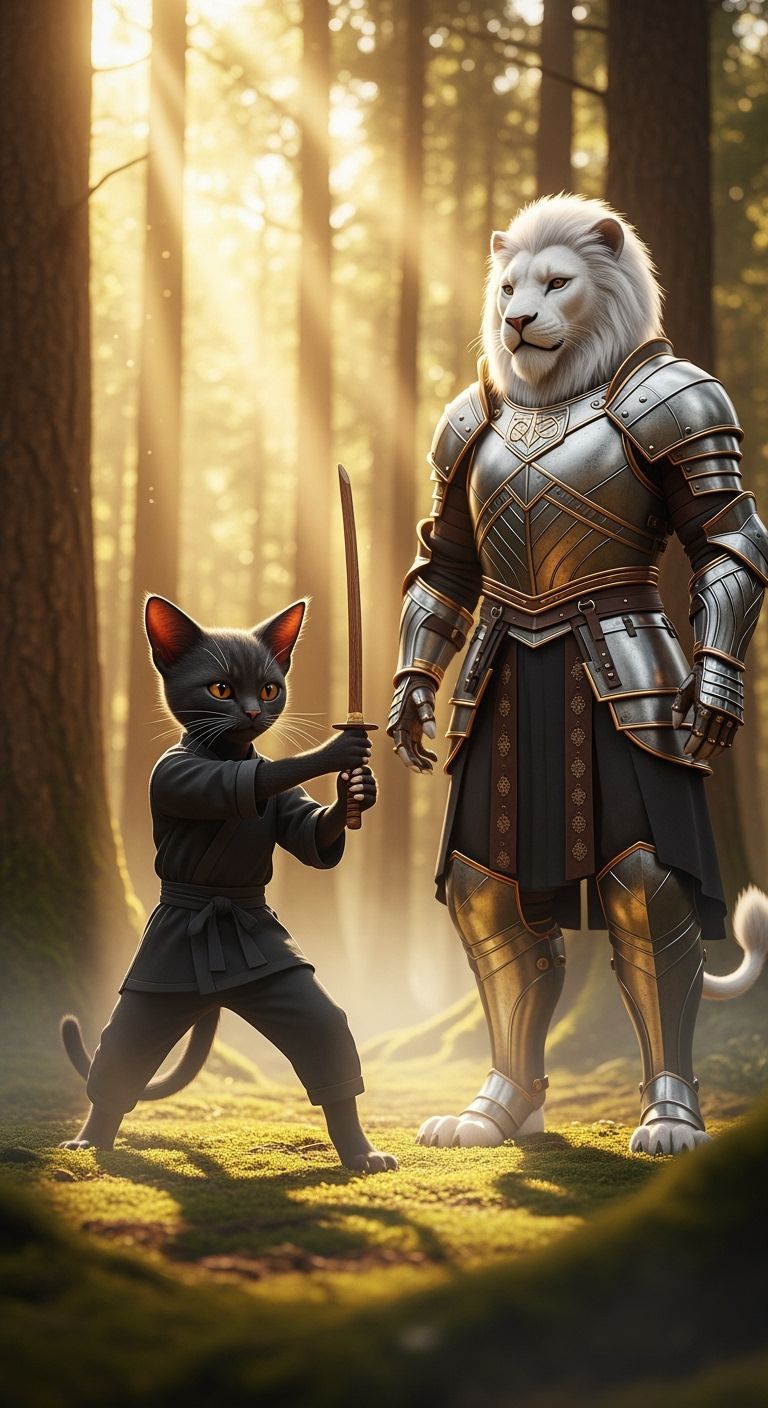 Alien Cat Kitten and Lion Master in Golden Forest