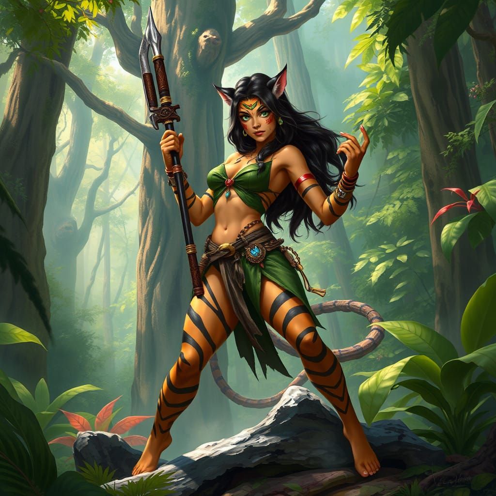 Fierce Warrior in Vibrant Forest Landscape
