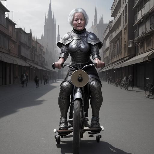 Old Granny Skateboarder in Futuristic Armor