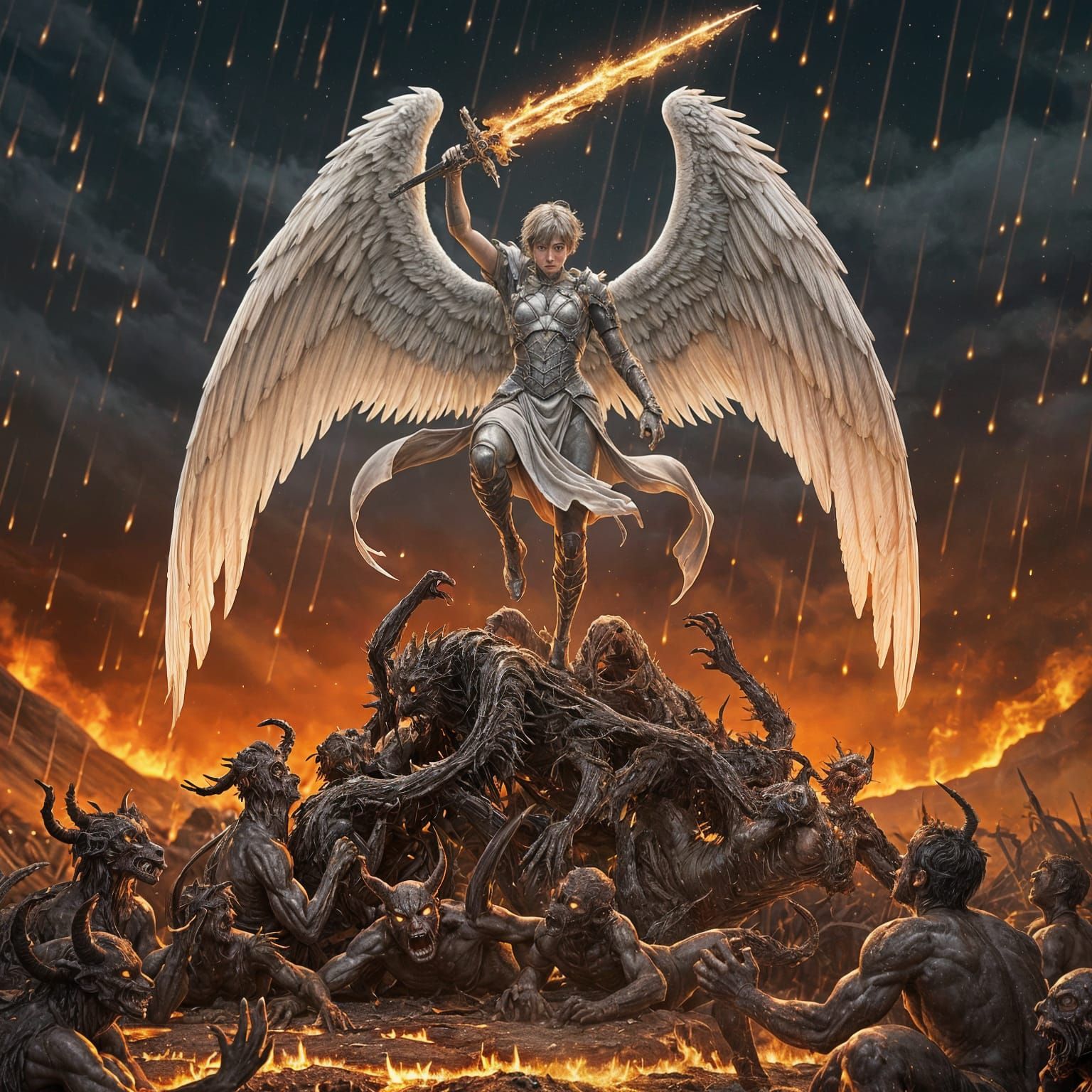 Archangel Ascending from Hell in Anime Style
