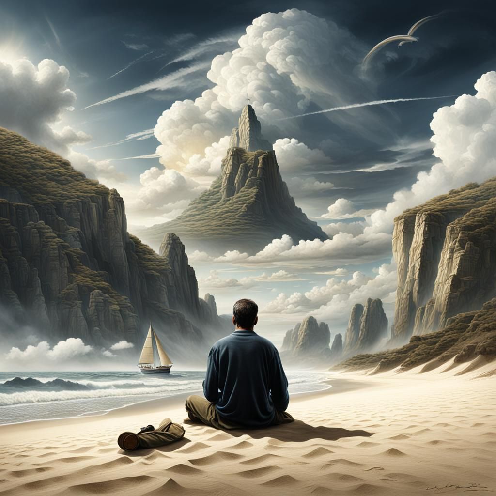 Man Sits on Beach Gazing at Sailboat