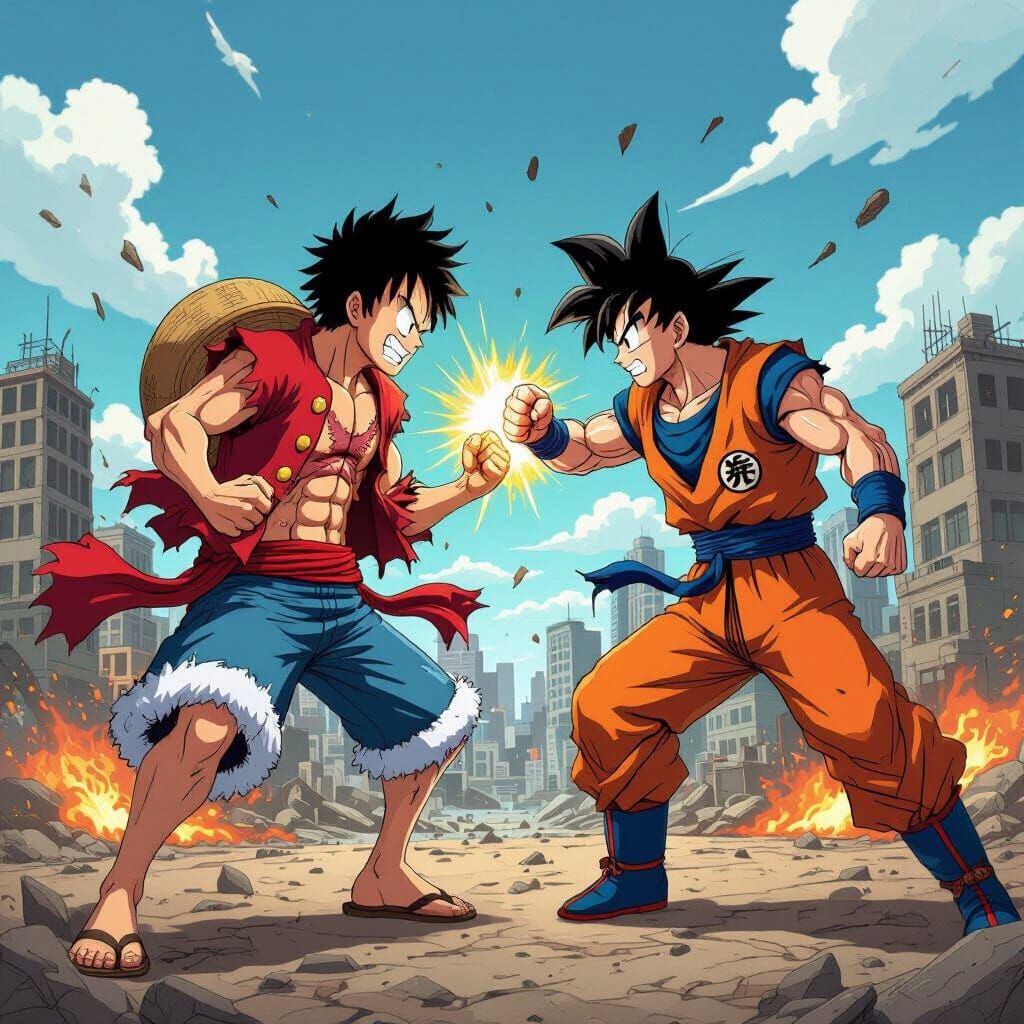 Luffy and Goku Battle in a Destroyed Cityscape