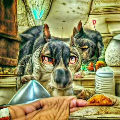 Dog Conversation: Mucha-Style Retrofuturism Painting