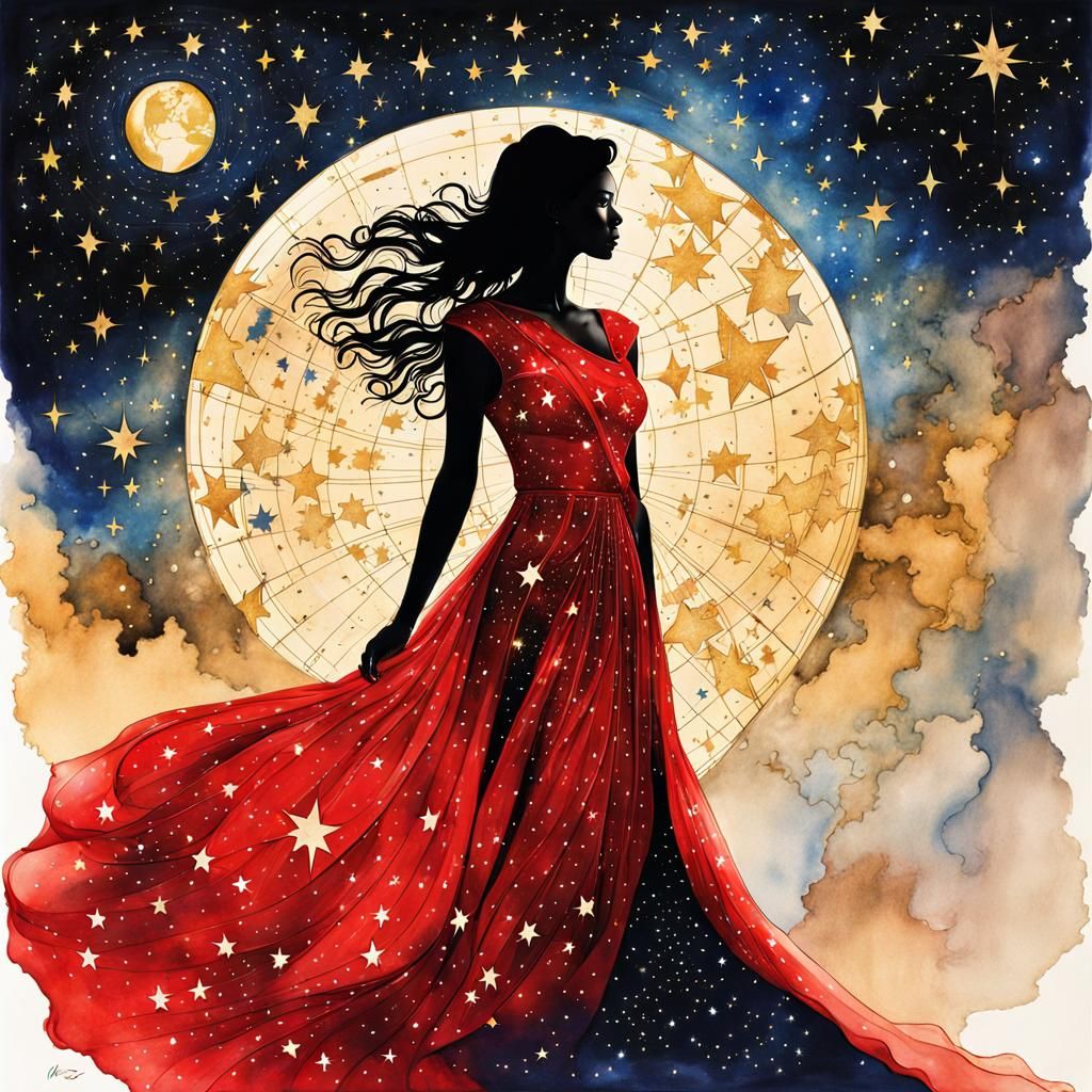 Surreal Starry Night Silhouette of a Dreaming Woman in Red D...