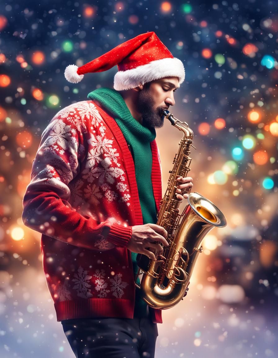 Santa Saxophonist in Hyperrealistic Christmas Portrait