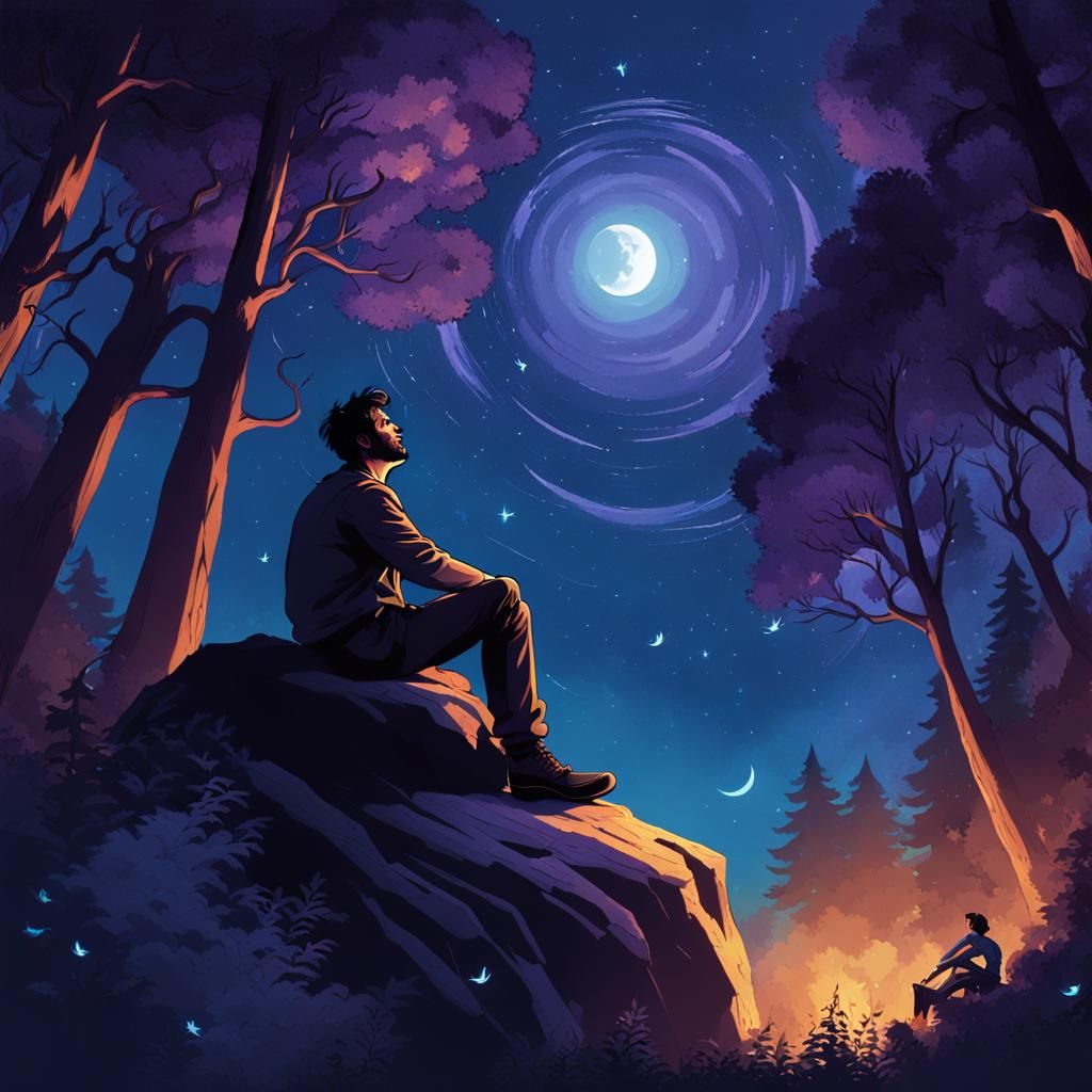 Man Gazing at Stars in Forest Concept Art