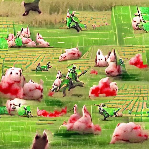 Surreal Green Field: Rabbits Attack Pigs