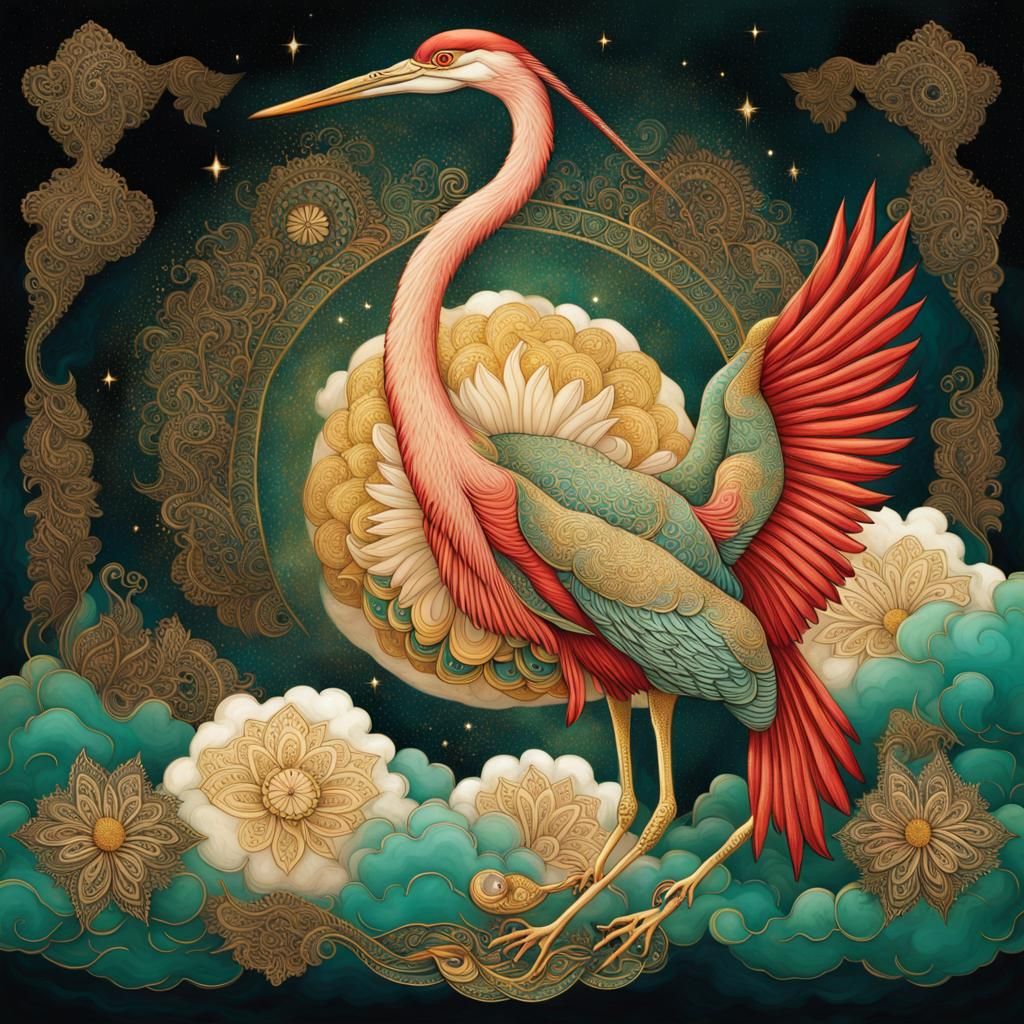 Celestial Red Heron with Golden Mehndi Designs