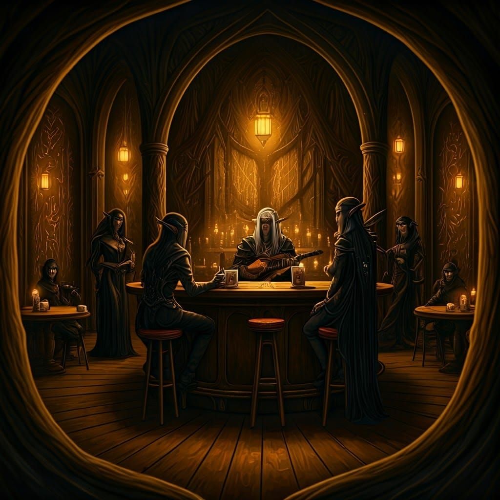 Dark Elf Tavern Interior with Drow Bard