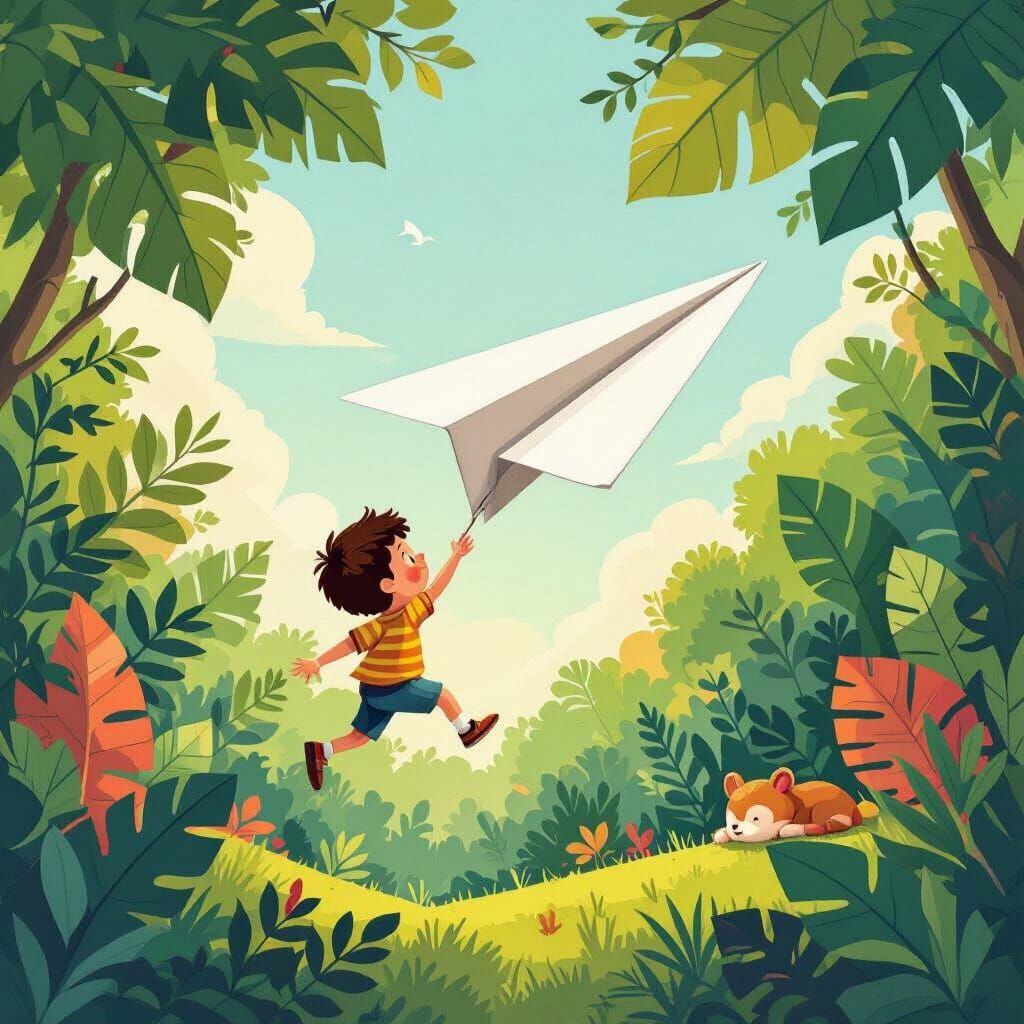 Boy Flies Paper Plane into Giant Leaf Jungle