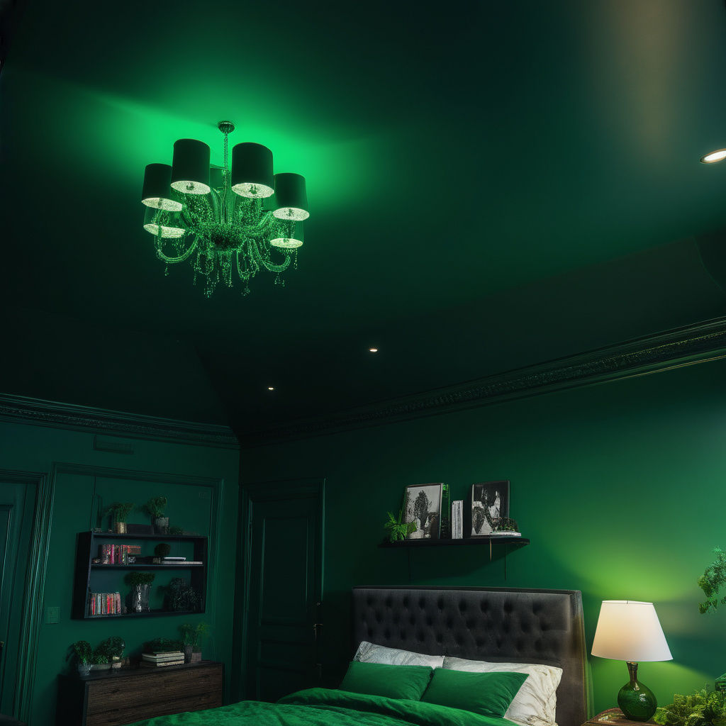 Gothic hyper-realism. Medium shot. A green penthouse bedroom...