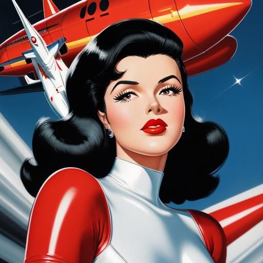 Retro Pin-Up Girl on Rocket Ship in 50s Style