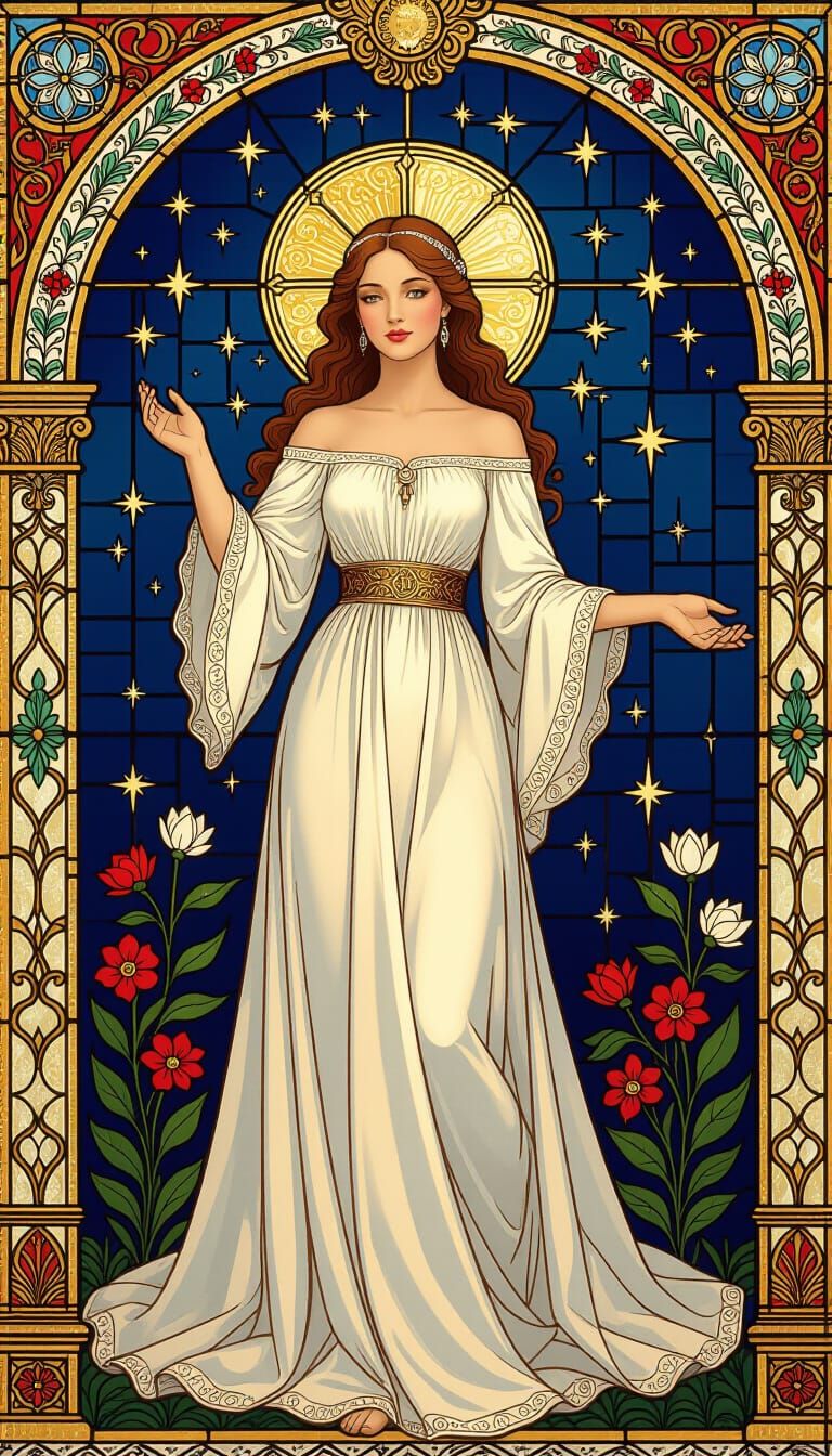 Ethereal Goddess with Flowing Hair and Floral Dress