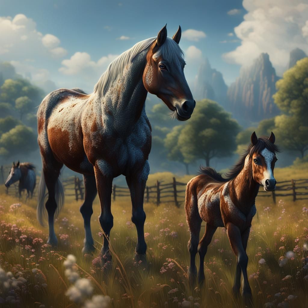 Colt and Mother in Field: Fantasy Art
