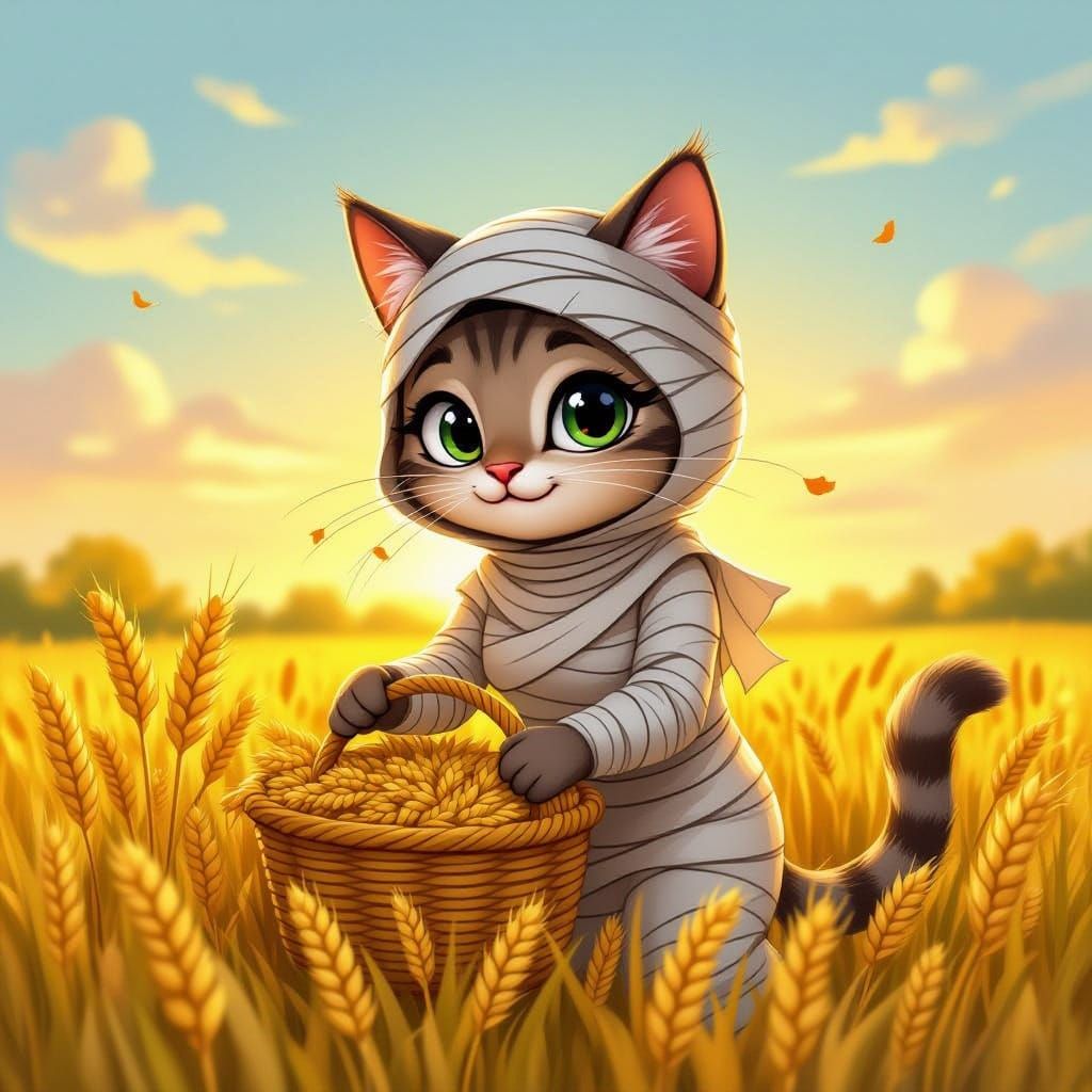 Anthropomorphic Cat Mummy Harvesting Wheat at Sunset