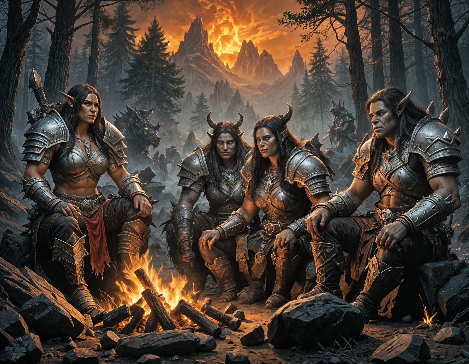 Epic Female Orc Warriors Gather Around Flickering Campfire i...