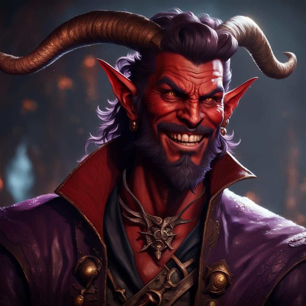 Tiefling Pirate with Sinister Smile, Dark Fantasy Art
