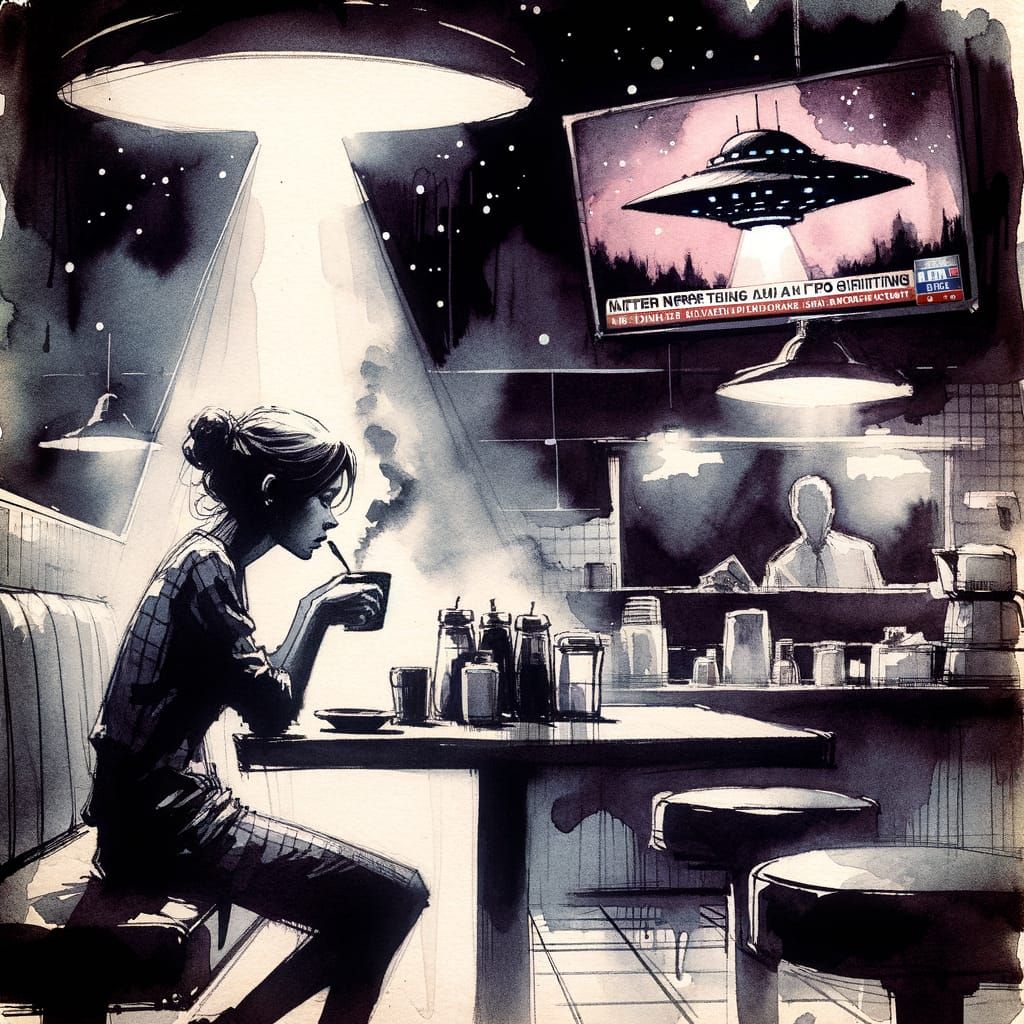 Watercolor Diner Scene with UFO News