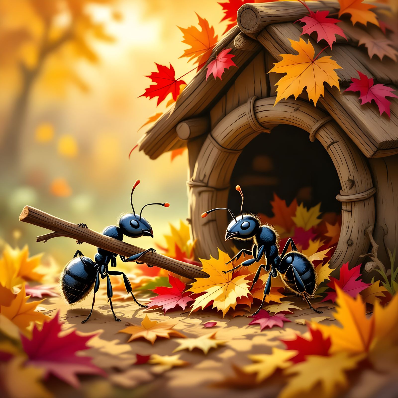 Ants Building a Leaf House in Autumn