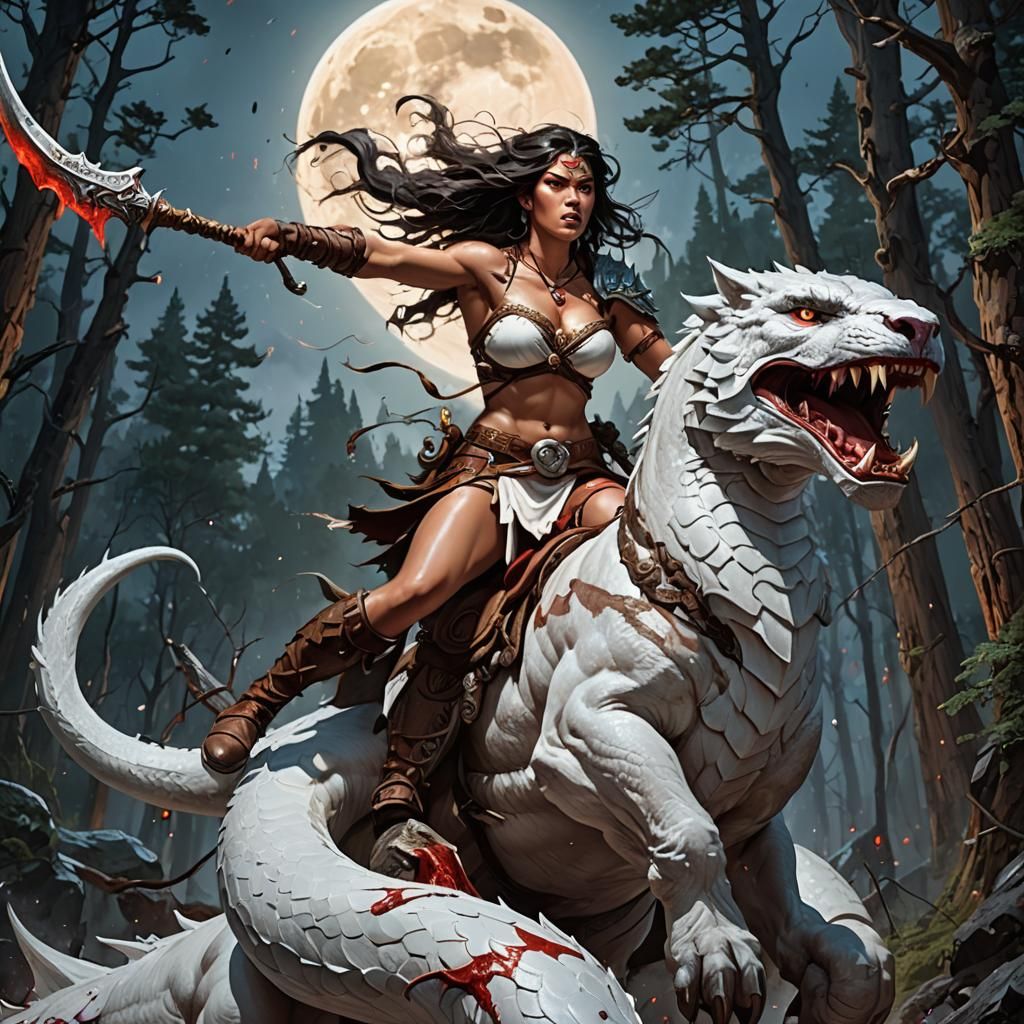 Barbarian Woman Riding Serpent in Moonlight