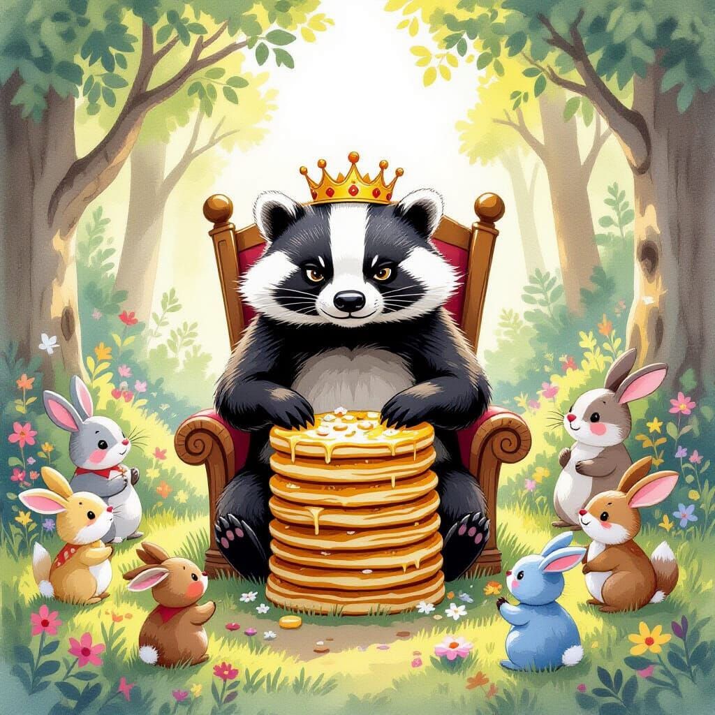 Badger King on Pancake Throne in Watercolor Style