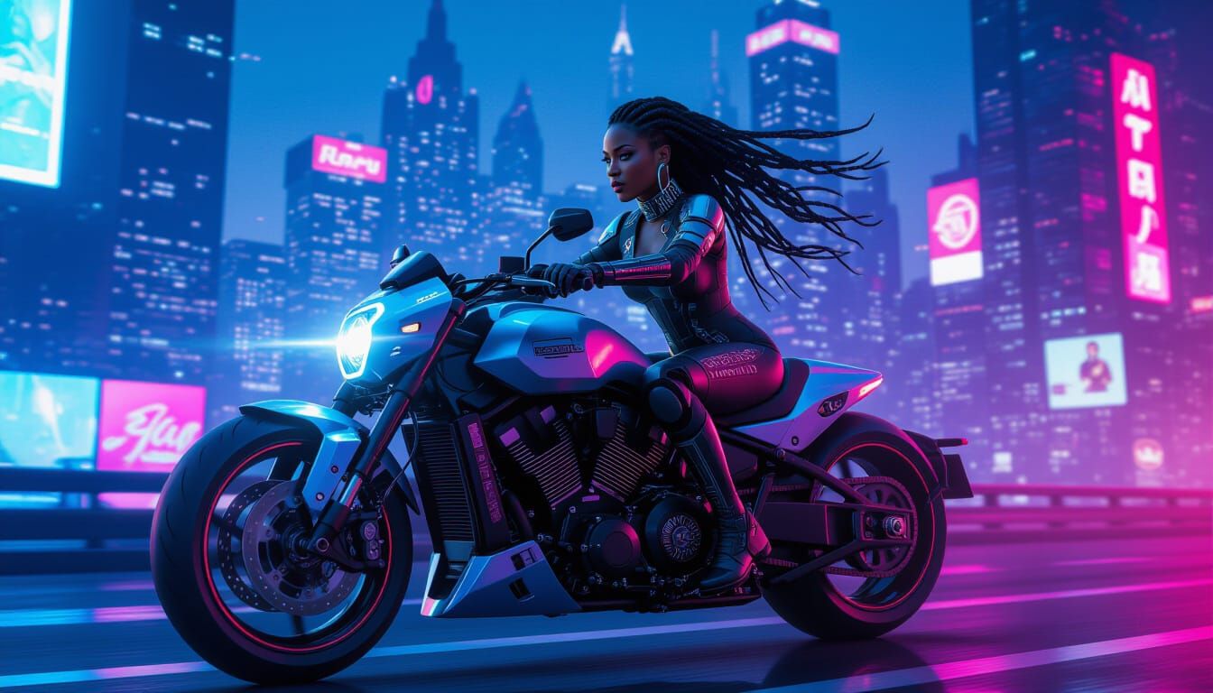 Regal Cybernetic Woman Rides Motorcycle in Neon City