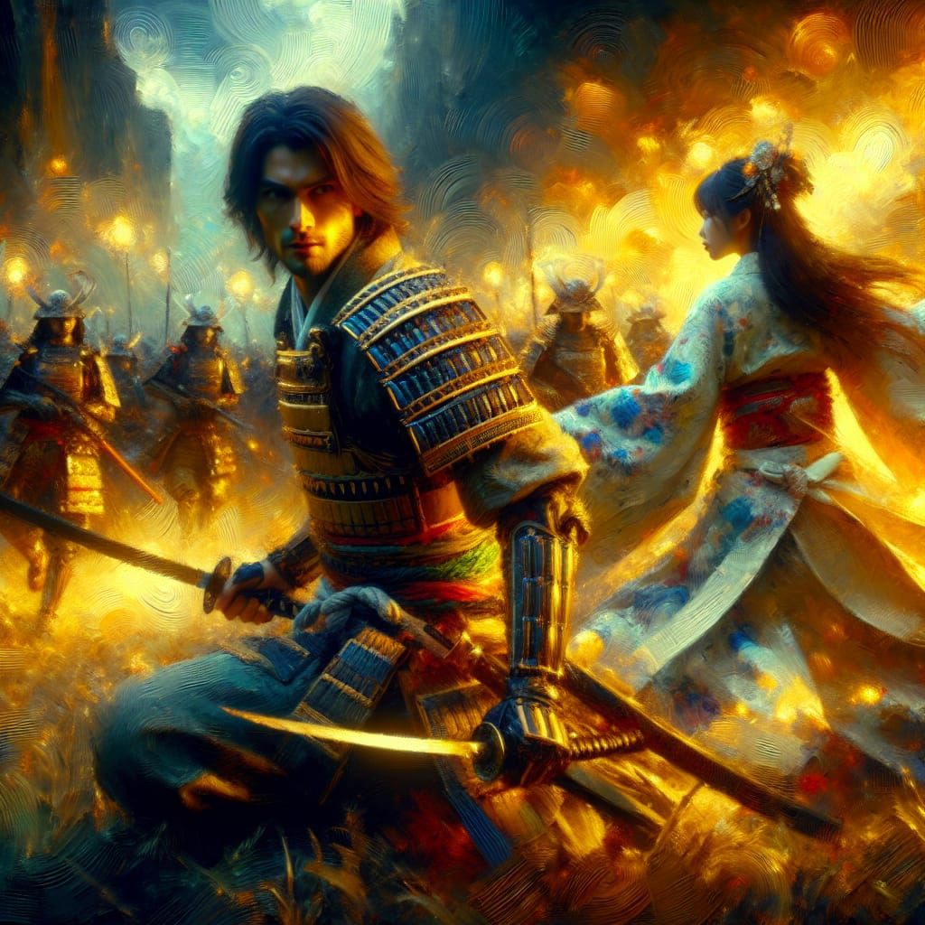 Samurai Protecting Maiden in Impasto Oil Painting