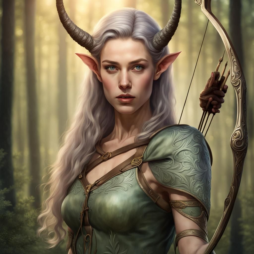 Please create a hyper-realistic image of a female-cetaurus armed with a bow with a drawn string.  The woman's appearance...