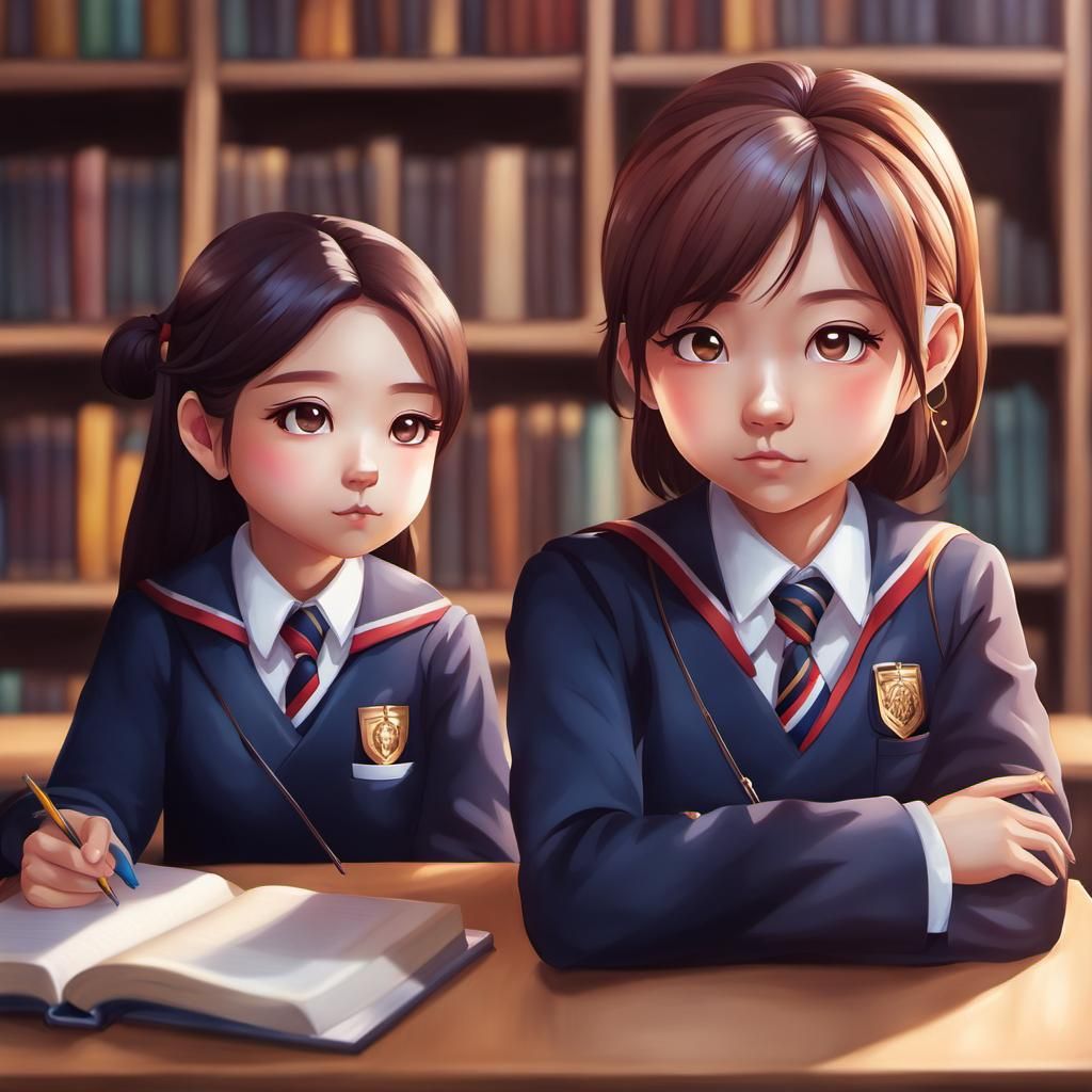 Cute Chibi Children in School Uniform, Hyperrealistic Art