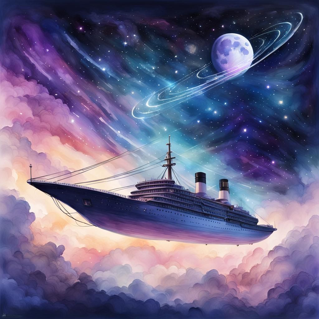 Celestial Spaceship Dreamscape in Watercolor Style