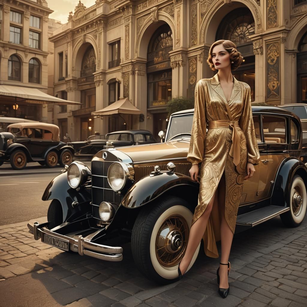 Art Deco Woman Posing with Vintage Mercedes