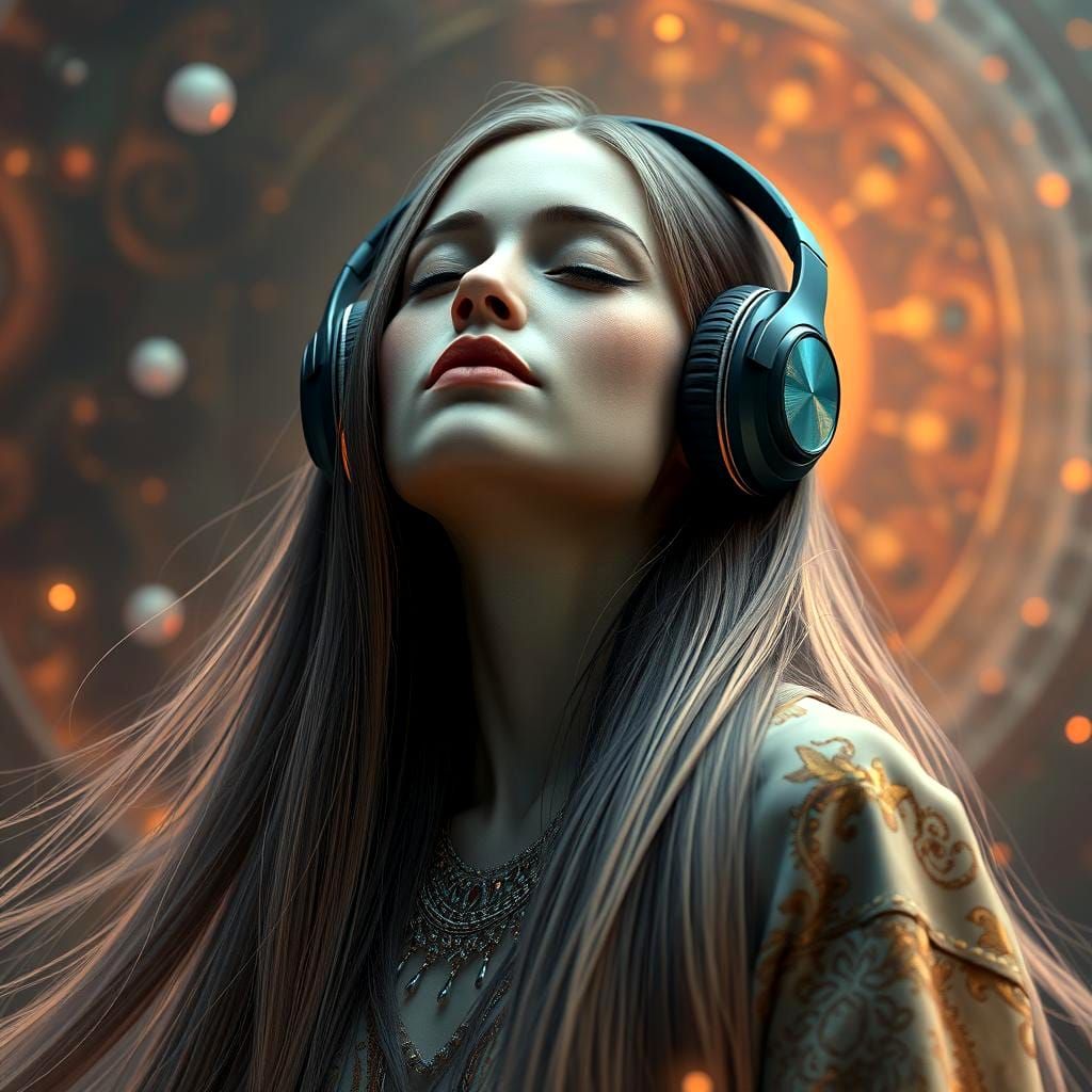 Woman Listening to Music in Fantasy Art Style