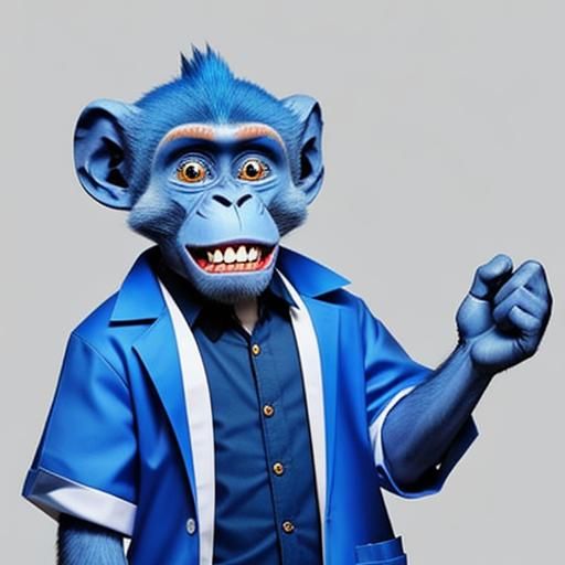 Blue Monkey in Lab Coat with Sharp Teeth