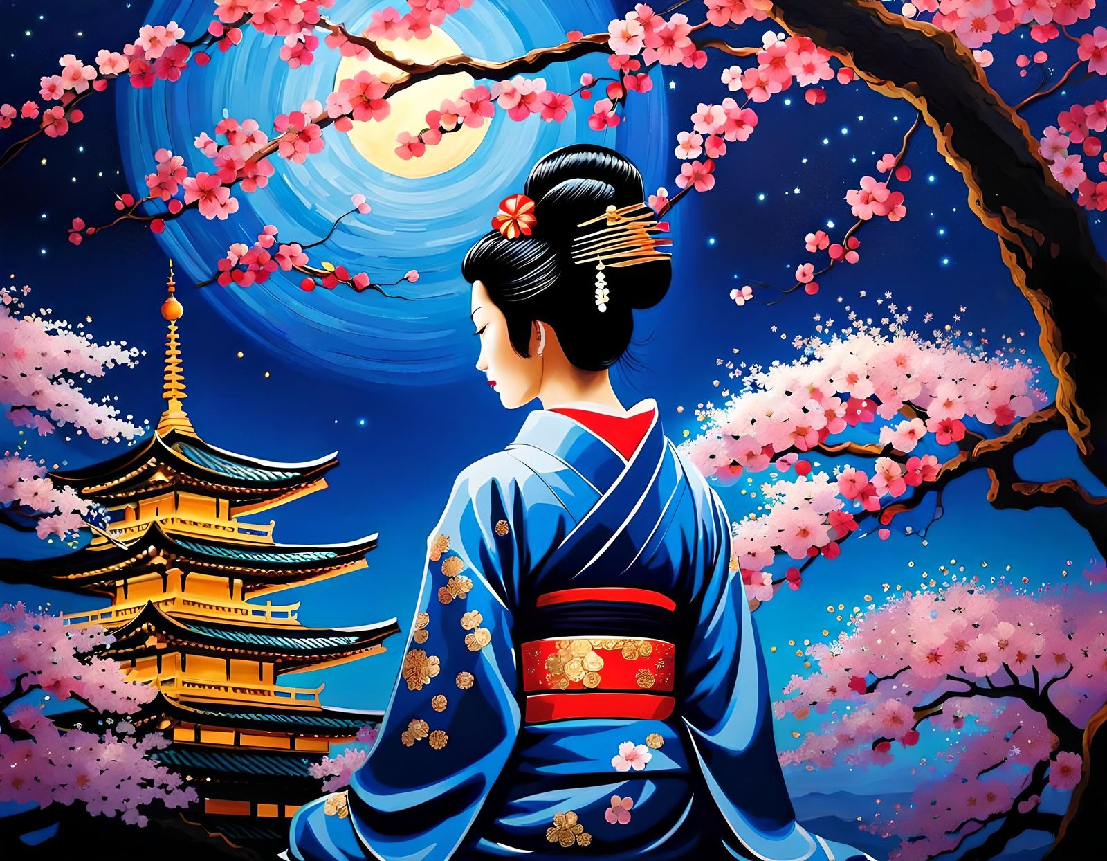 Geisha Meditating Under Sakura Tree as Impasto Oil Painting