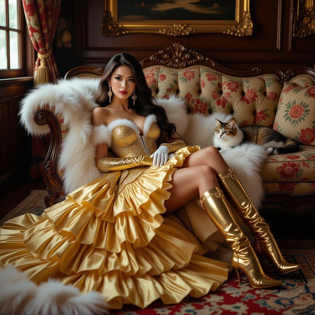 Asian Woman in Gold Gown with Kitten