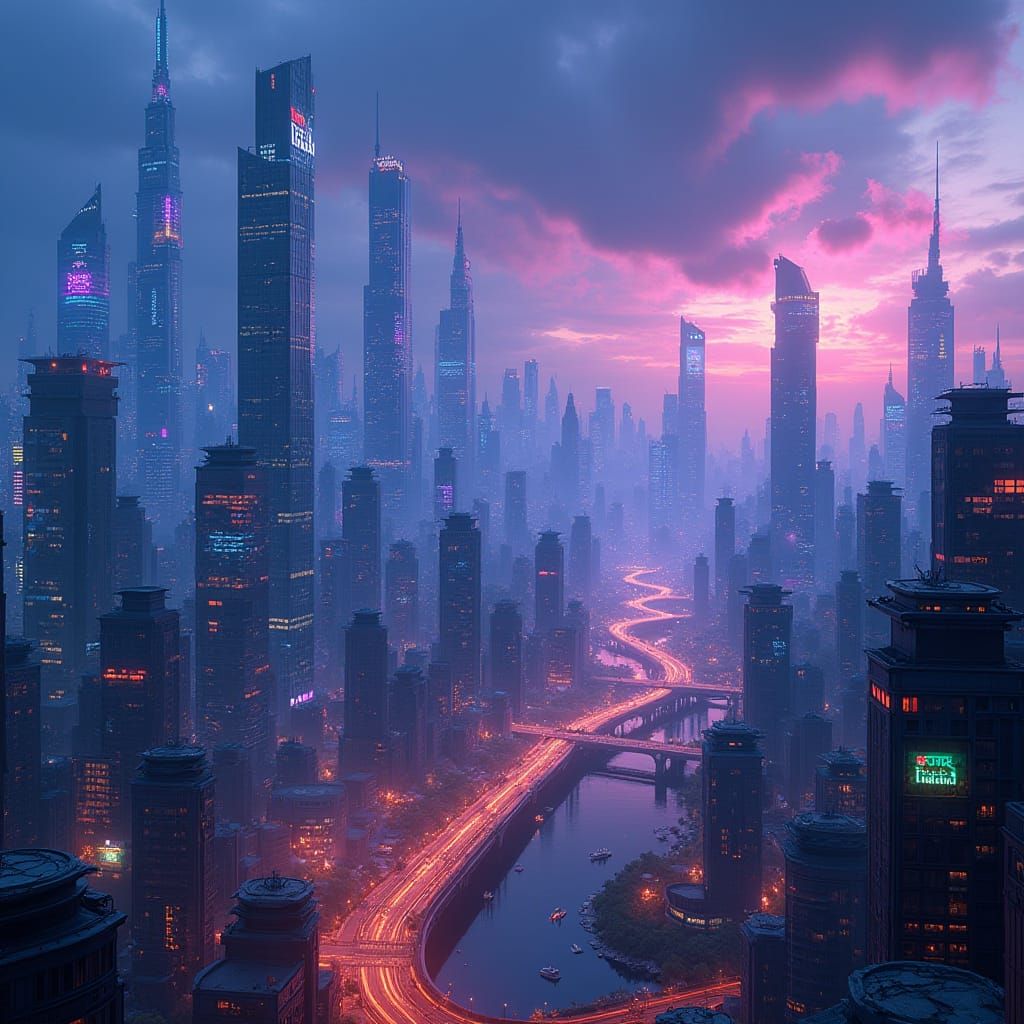 Neon Cryptocurrency Cityscape at Twilight in 8k